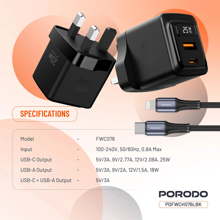 Porodo PD Charger PDFWCH076LBK - GaN Dual-Port 25W with Type-C to Lightning Cable