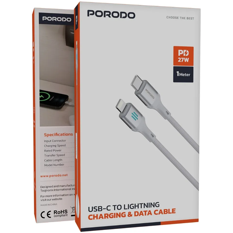 Porodo USB-C to Lightning Cable PDDC27SL - 27W PD, Silver