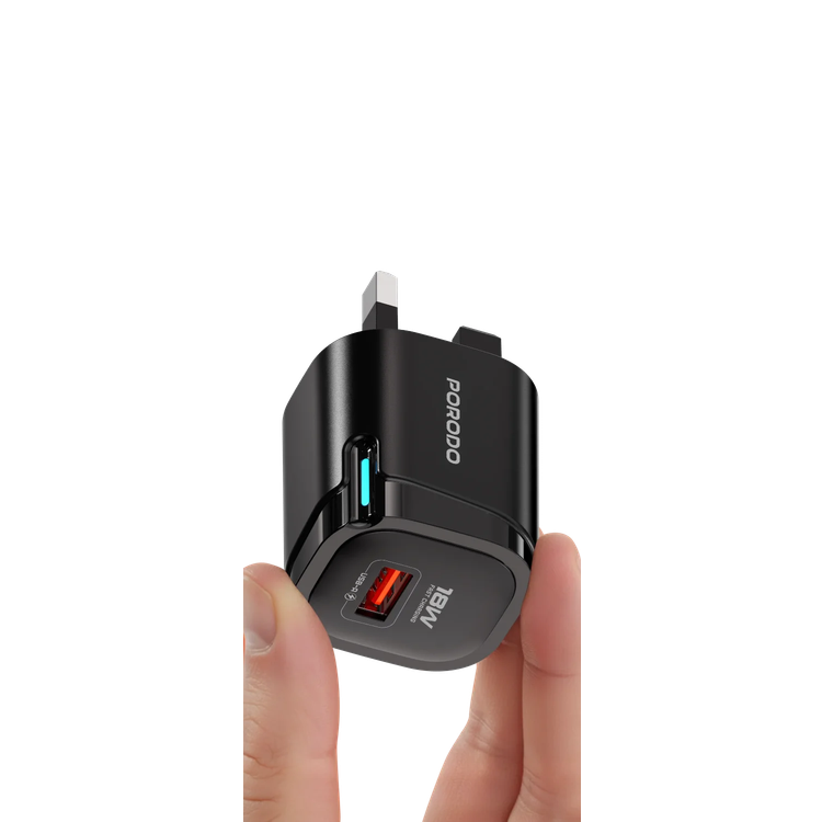 Porodo USB-A Wall Adapter PDFWCH109BK - 18W QC, Black, with Lightning Cable