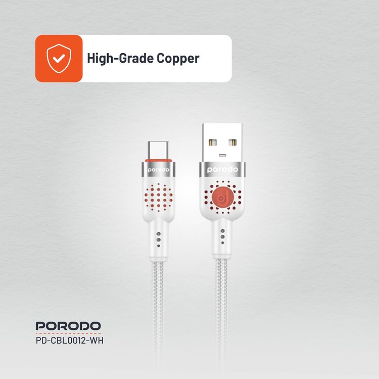 Porodo USB-A to USB-C Braided Cable PDCBL0012WH - 1.2m, Fast Charging, White