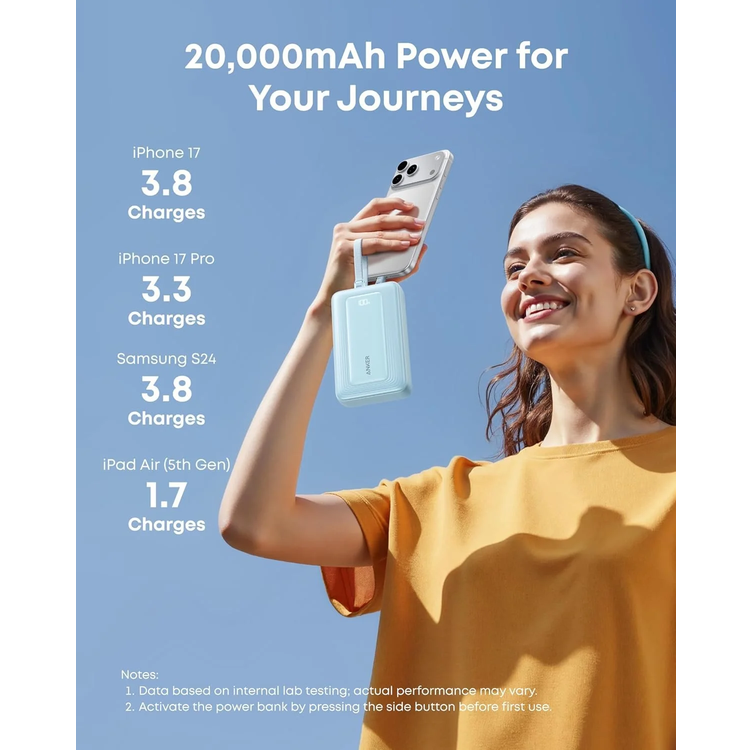 باور بانك Anker Zolo سعة 20000 مللي أمبير، 45 واط، بكابلات مدمجة، A1681621 - أبيض