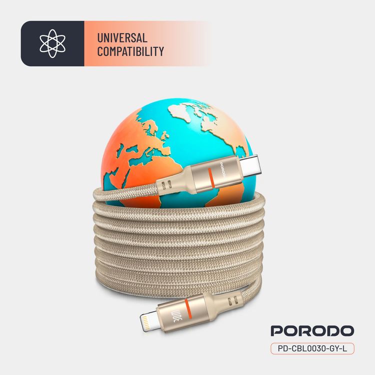 Porodo Magnetic Braided Cable PD-CBL0030-GD-L - 30W PD, Type-C to Lightning, Gold