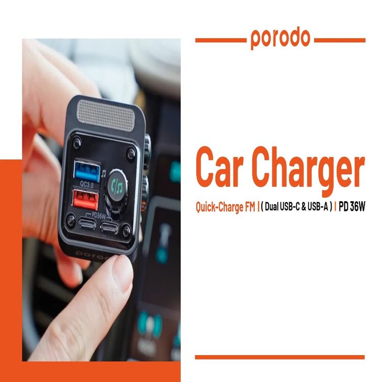 Porodo Car Charger FM Transmitter PD-FM42WBB-BK - 24W PD, QC 3.0, Bluetooth 5.1, Black