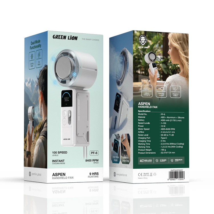 Green Lion مروحة يدوية ASPEN GNPF6ASFANGY - 4000mAh، رمادي