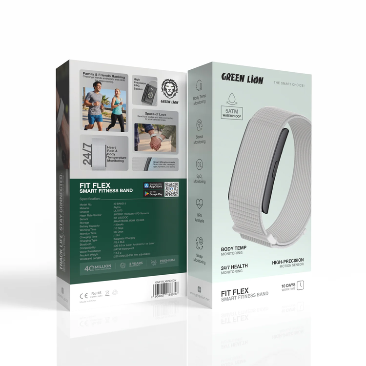 Green Lion Fit Flex Smart Fitness Band, G-BAND 5, High-Precision Sensors - Grey