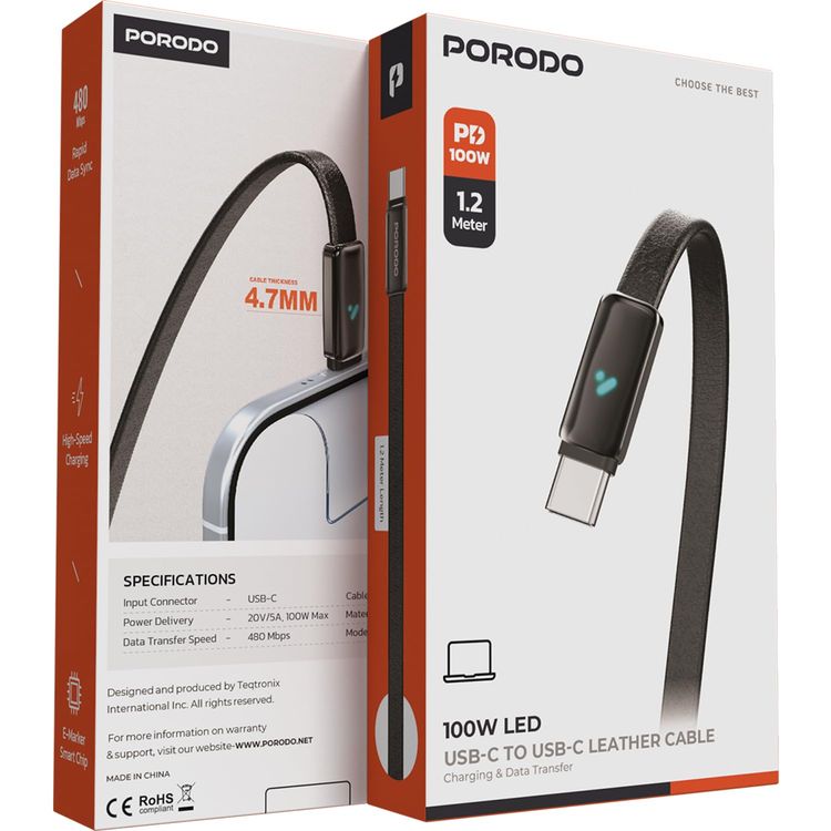 Porodo USB-C Cable PDCBL0049BK - 100W PD Fast Charging, Black