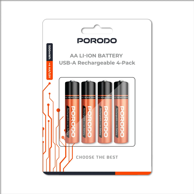 Porodo Rechargeable AA Batteries PDJHAAOG - 1500mWh USB Built-in, Pack of 4