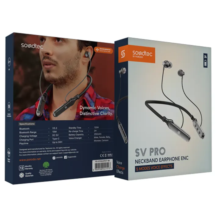 Porodo Neckband Earphone SV Pro PDSTWLEP017BK - ENC, Black