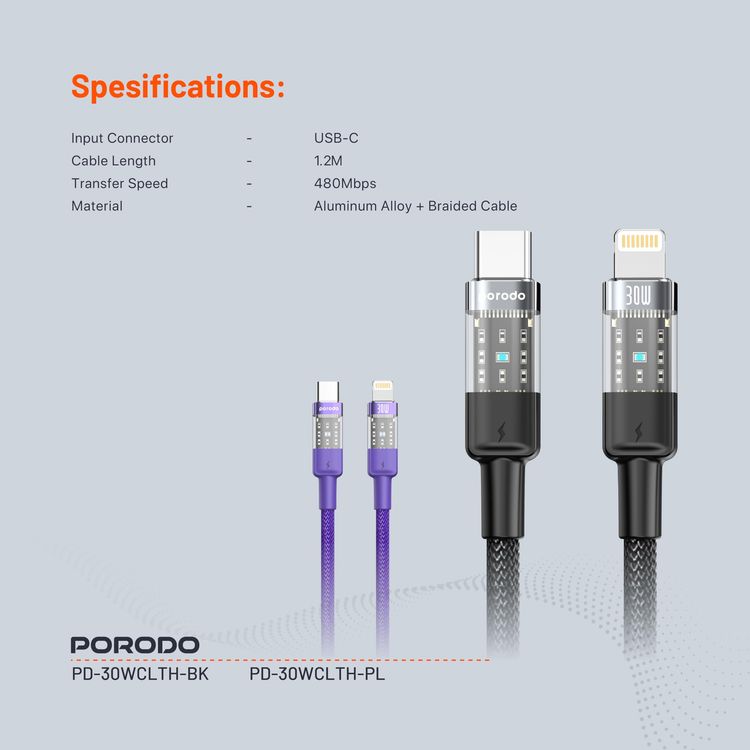 Porodo USB to Lightning Cable PD-30WCLTH-BK - 30W Fast Charging, 1.2M, Black