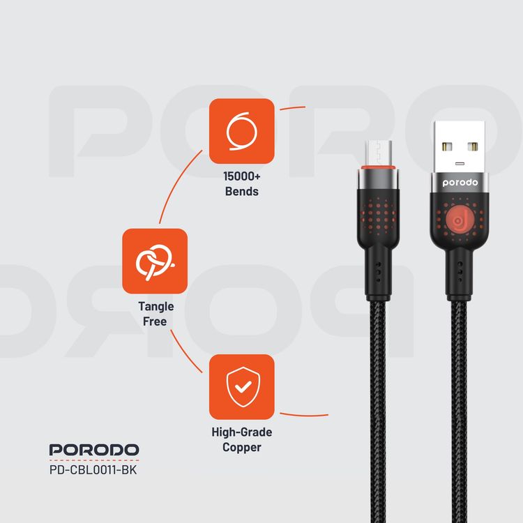 Porodo Braided USB-A to Micro USB Cable PDCBL0011BK - 1.2m, Black