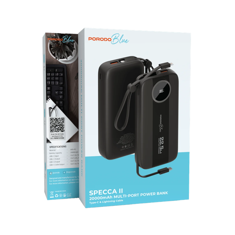 Porodo Power Bank Blue Specca II - 20000mAh, Type-C & Lightning, Black