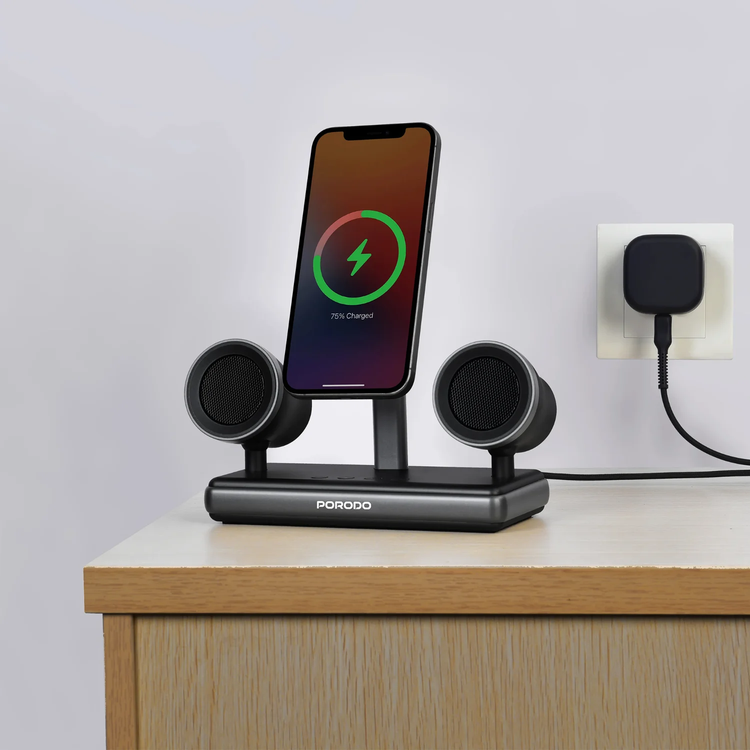 Porodo Wireless Charger PD-FWCH050-BK - 15W Qi2, 16W Speaker, Black