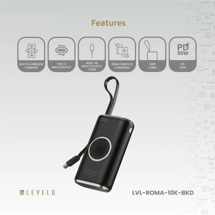 LEVELO Power Bank Roma 10000mAh - 30W PD, Apple Watch Charger, Black