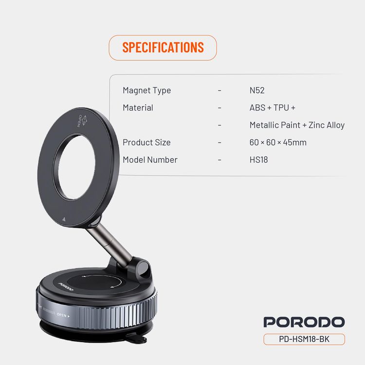 Porodo Magnetic Mount PD-HSM16-BK - Multi-Surface, Adjustable Angle, Black