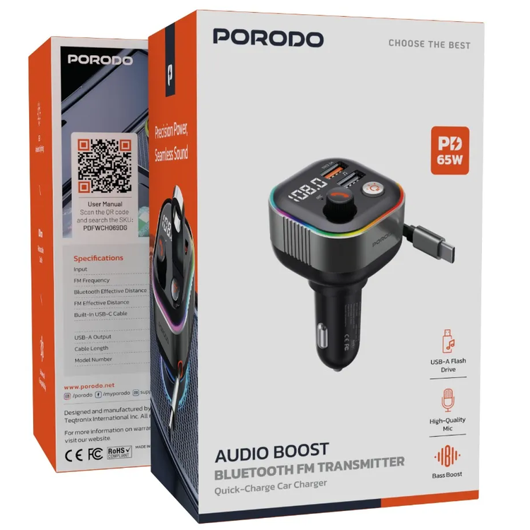 Porodo Bluetooth FM Transmitter & 65W PD Car Charger PDFWCH069DG - Retractable Type-C, Dark Gray