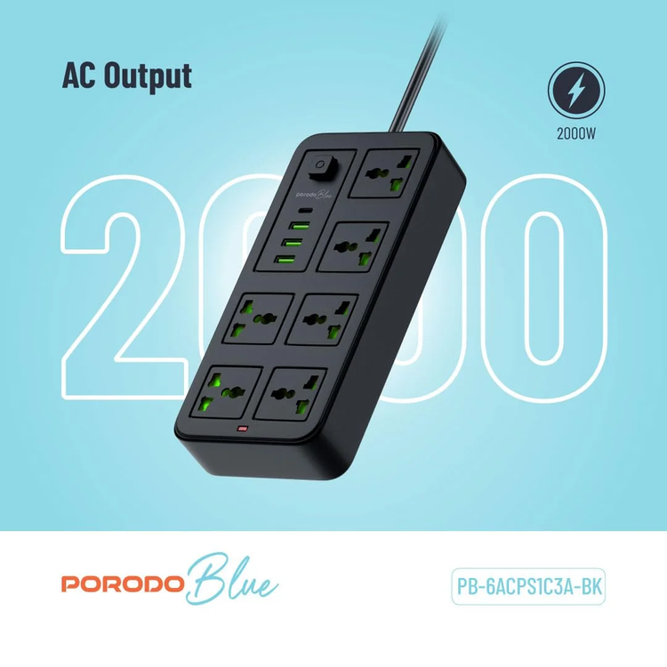 Porodo Power Strip PB6ACPS1C3ABK - 6 Sockets, 3 USB-A & 1 USB-C, Black