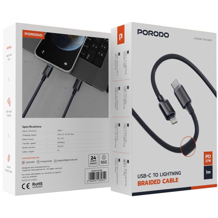 Porodo USB-C to Lightning Cable PDCBL0037BK - 27W Fast Charging, 1m Braided, Black