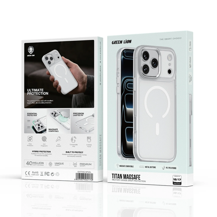 Green Lion Titan MagSafe iPhone 18/17 Pro Max Case - Metal Buttons, Silver