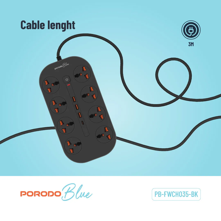 Porodo Power Strip PBFWCH035BK - 8 AC Outlets, USB-C & USB-A, Black