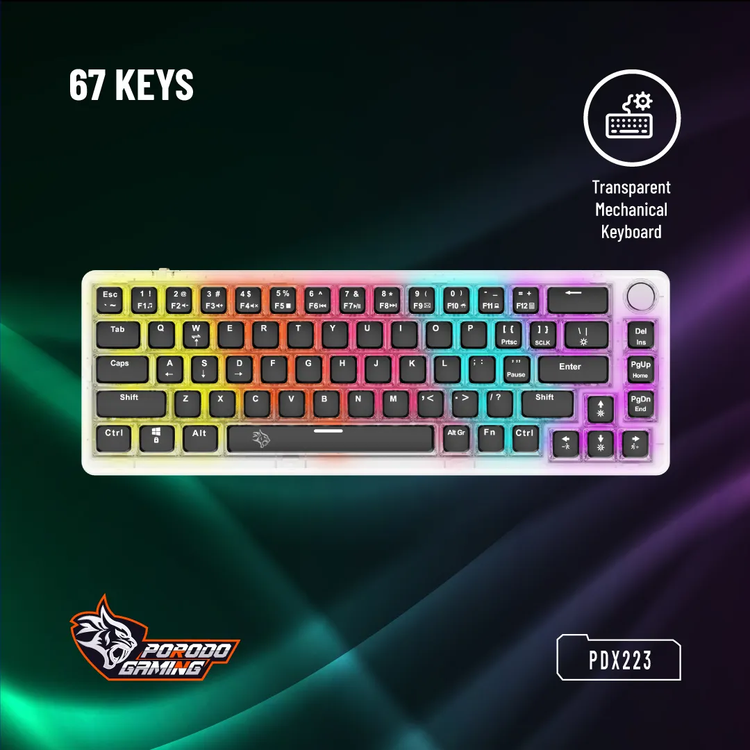 Porodo Mechanical Keyboard PDX223 - 67 Keys, Transparent, Pudding Keycaps, Rotary Knob