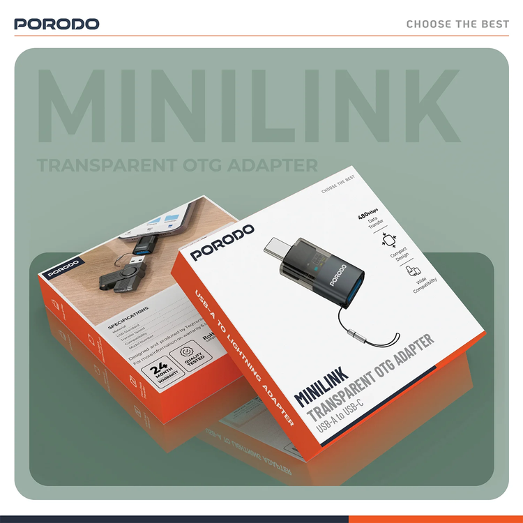 Porodo MiniLink USB-A to USB-C OTG Adapter PDATOC50 - Grey