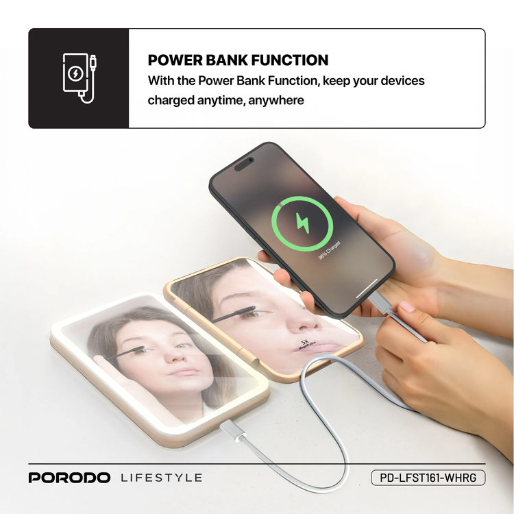 Porodo Power Bank 5000mAh PD-LFST161-WHRG - Magnifying Makeup Mirror, LED