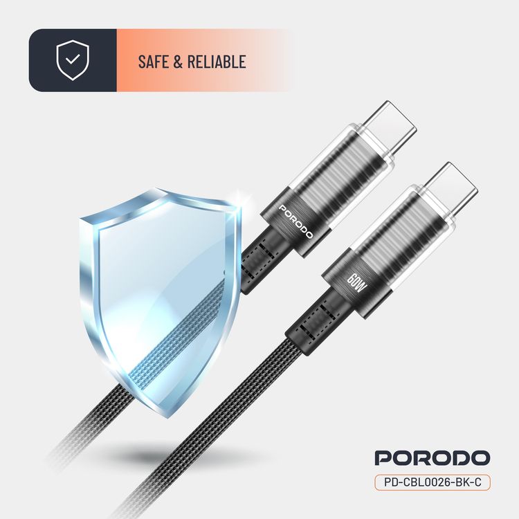 Porodo USB-C to USB-C Cable PD-CBL0026-BK - 60W PD, Braided, Black