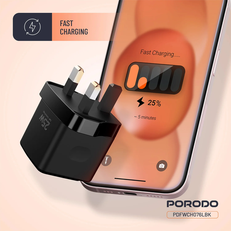 Porodo PD Charger PDFWCH076LBK - GaN Dual-Port 25W with Type-C to Lightning Cable