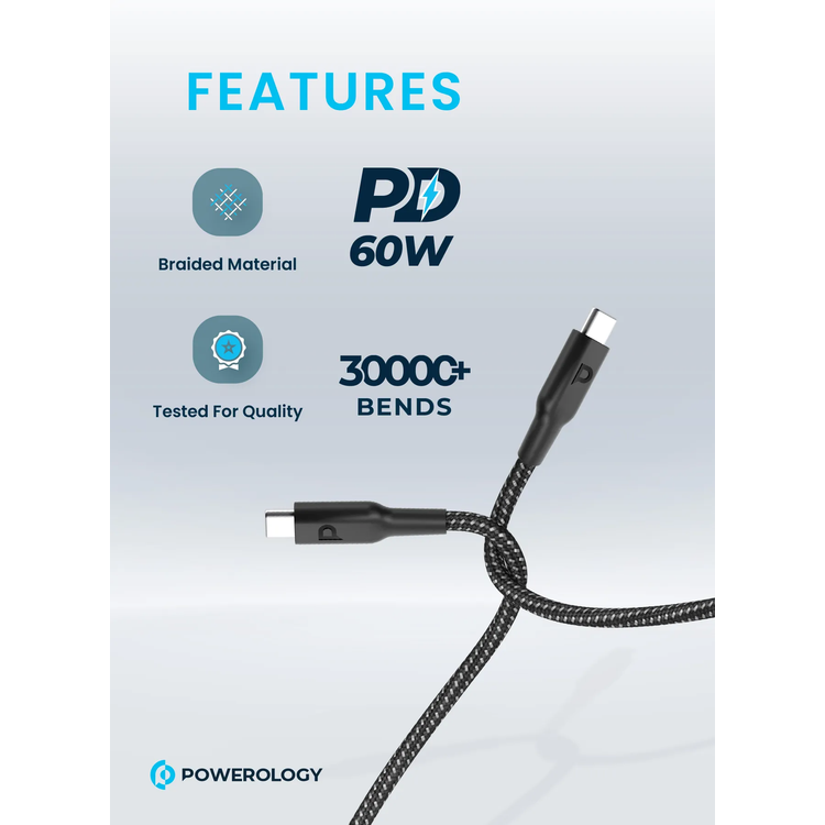 Powerology USB-C Cable PCAB008-BK - 60W PD Fast Charge, Black