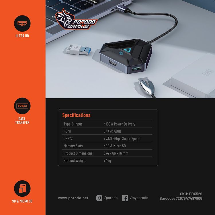 Porodo USB-C Hub PDX529 - 6-in-1 4K HDMI, 100W PD, Black