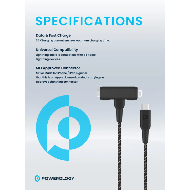 Powerology Cable PCAB007BK - Braided USB-C to USB-C + Lightning 1.2m, Black