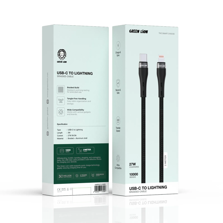 Green Lion كابل USB-C إلى Lightning GNBRSCTL2MBK - 2 متر مضفر، أسود