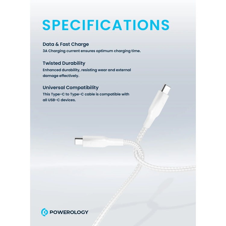 Powerology USB-C Cable PCAB008-WH - 60W PD, Braided, White