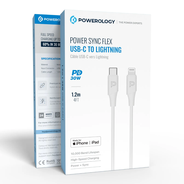 Powerology USB-C to Lightning Cable PCAB012WH - 1.2M, 30W, White