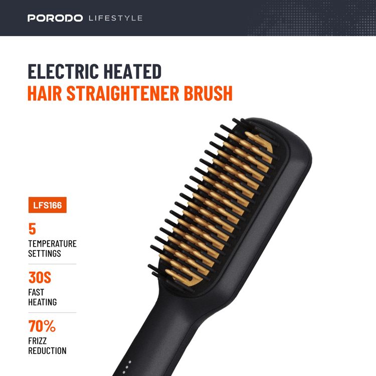 Porodo Hair Straightener Brush Lifestyle PD-LFST166-BK - 30W, 5 Temps, Black