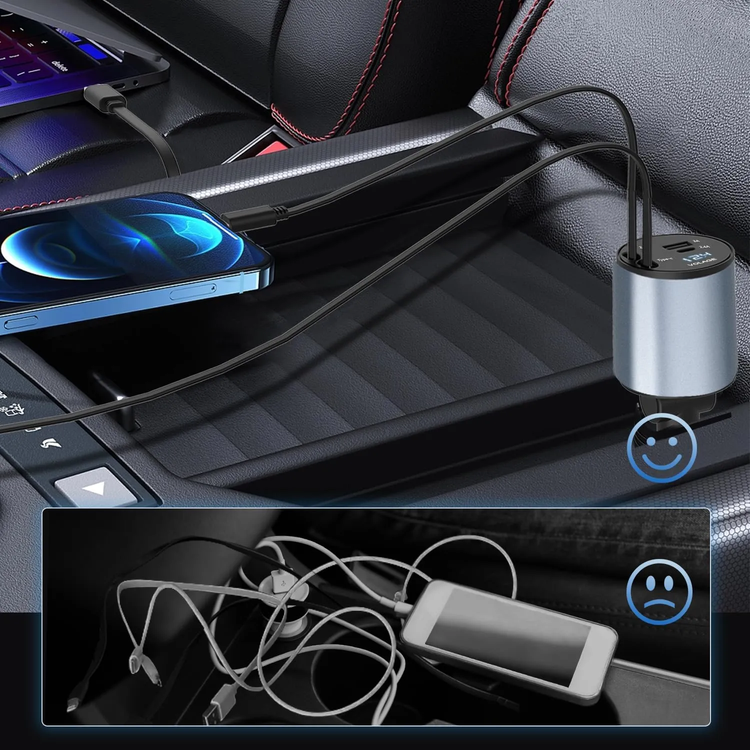 Green Lion Car Charger GN4IN1CARCGY - 50W Retractable Cable, Digital Display
