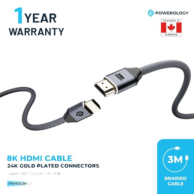 Powerology HDMI Cable PWHDC3M-GY - 8K, 3m, Gray
