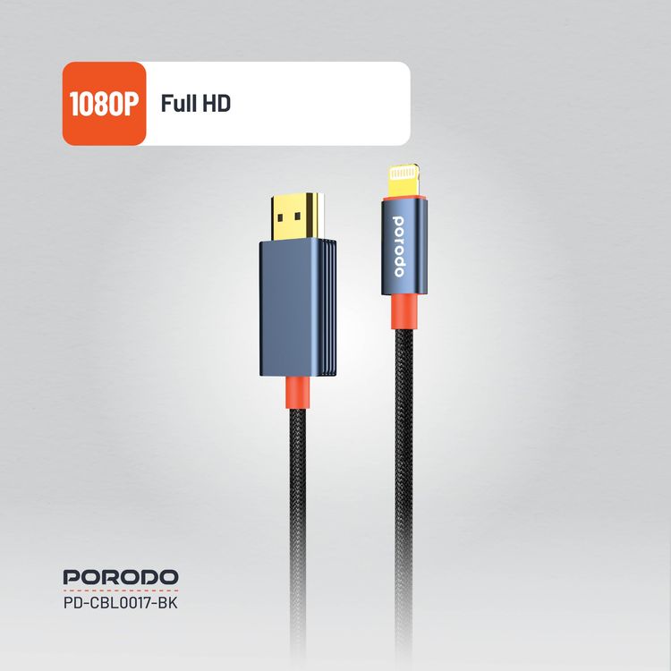 Porodo Lightning to HDMI Cable PD-CBL0017-BK - 2m, 1080P, Black