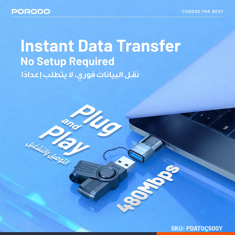 Porodo MiniLink USB-A to USB-C OTG Adapter PDATOC50 - Grey
