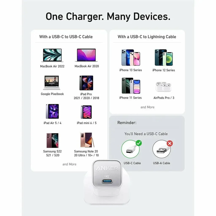 Anker Nano 30W GaN USB-C Charger Adapter - White
