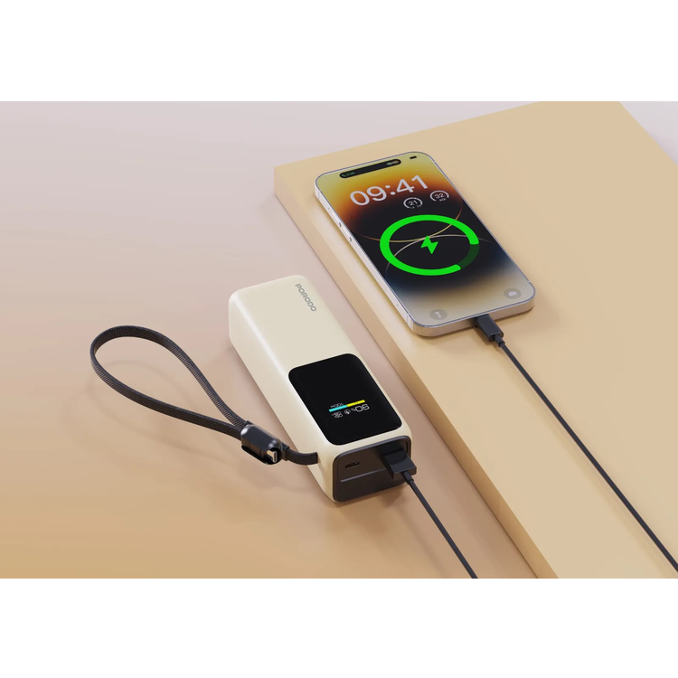 Porodo Power Bank PDPBFCH098BG - 20000mAh, Built-In Type-C Cable, Beige