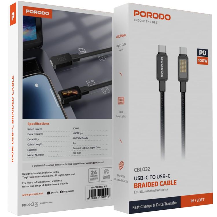Porodo USB-C Cable PDCBL0032BK - 100W PD, LED Flow Light, Black