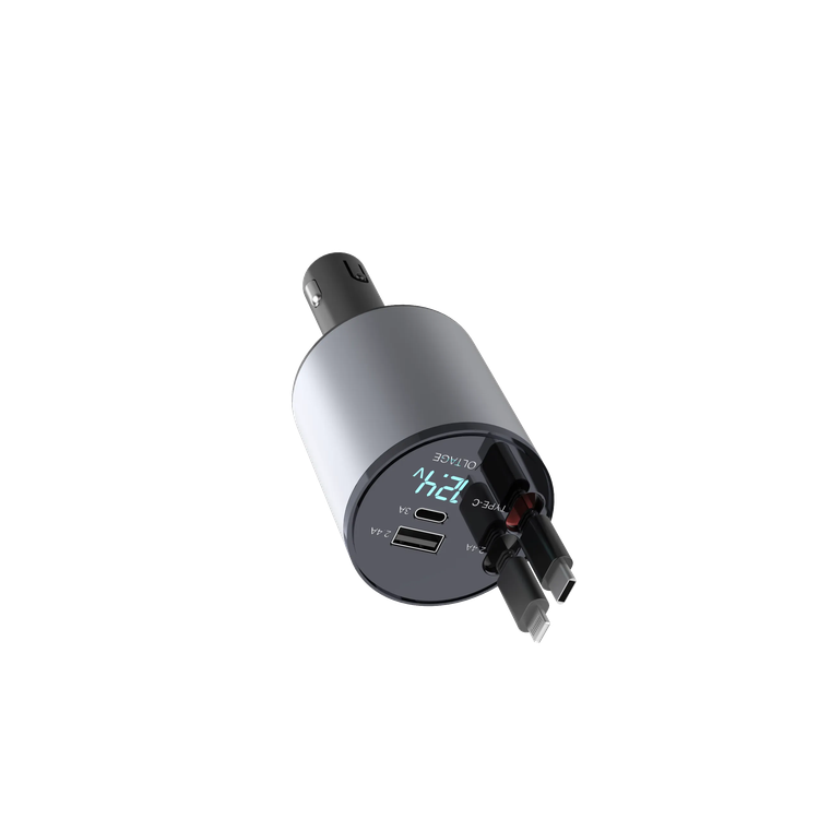 Green Lion Car Charger GN4IN1CARCGY - 50W Retractable Cable, Digital Display