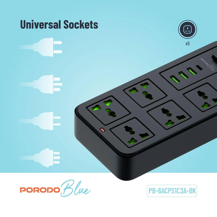 Porodo Power Strip PB6ACPS1C3ABK - 6 Sockets, 3 USB-A & 1 USB-C, Black