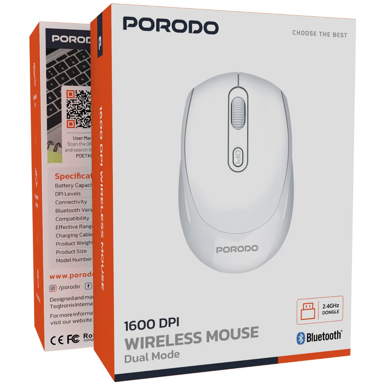 Porodo Wireless Mouse PDETK04WH - Bluetooth 5.4, White