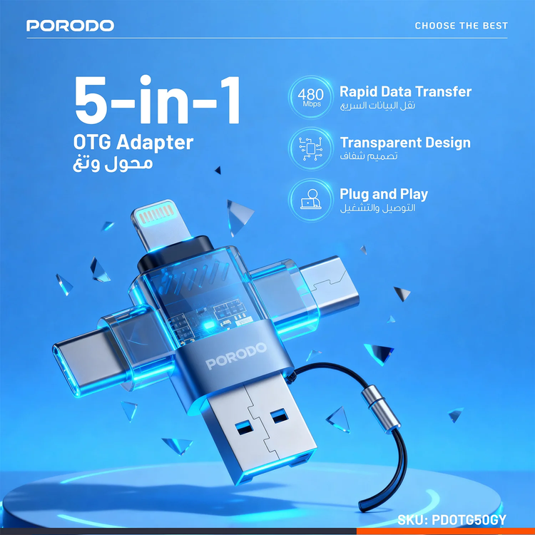 Porodo MiniLink 5-in-1 OTG Adapter PDOTG50 - Grey
