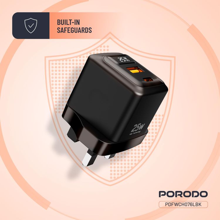 Porodo Multi-Port Charger PDFWCH073CBK - 100W GaN, 2x USB-C & USB-A, Black