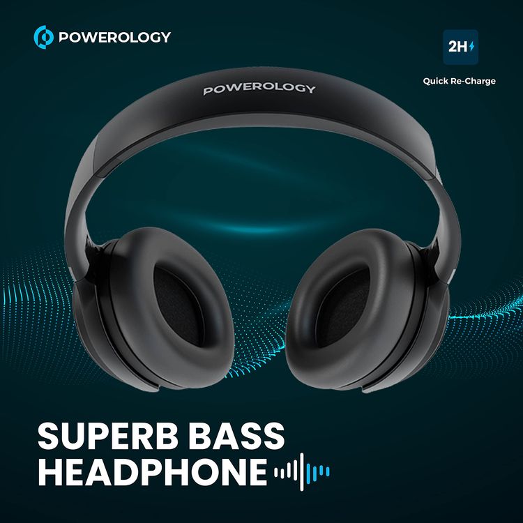 Powerology Wireless Headphones PWLAU003 - Active Noise Cancelling, Super Bass, Black