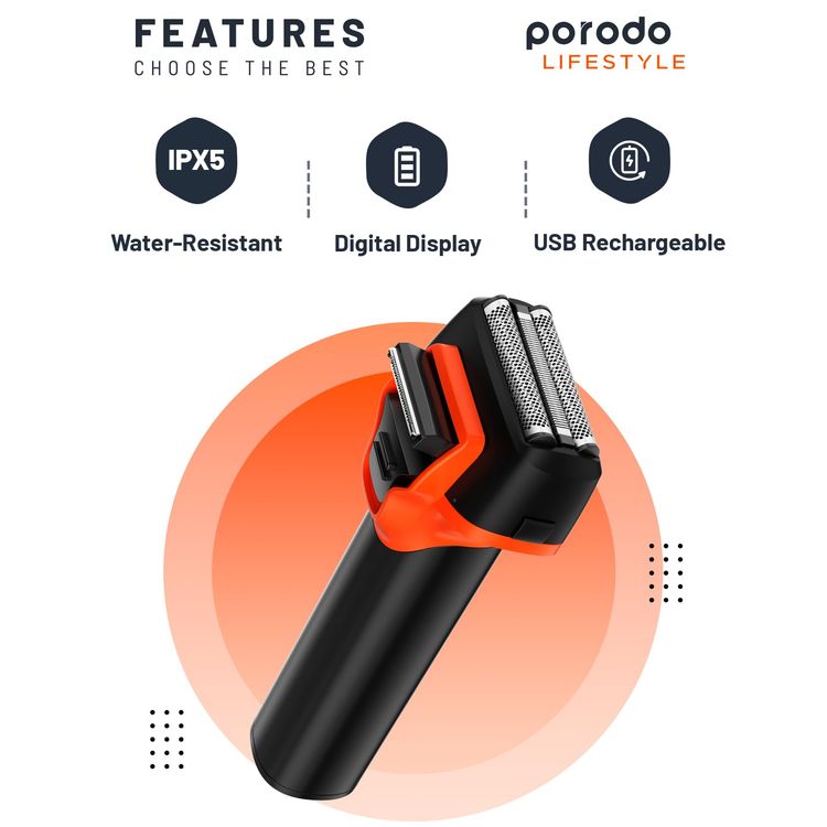 Porodo Hair Clipper PD-LSRDHC-GY - Rechargeable, Waterproof, Grey