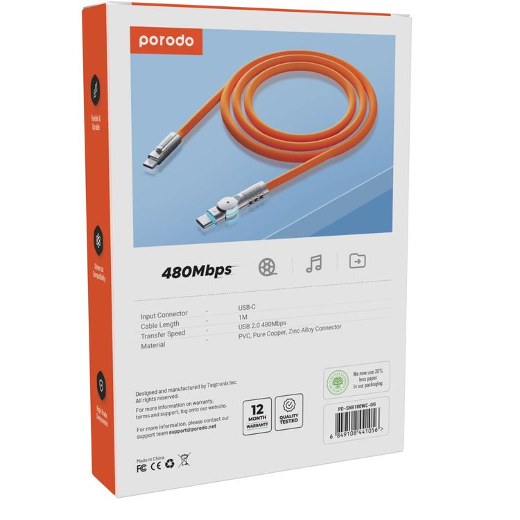 Porodo USB-C Cable PD-SHR100WC-OG - 100W PD Fast Charging, Orange